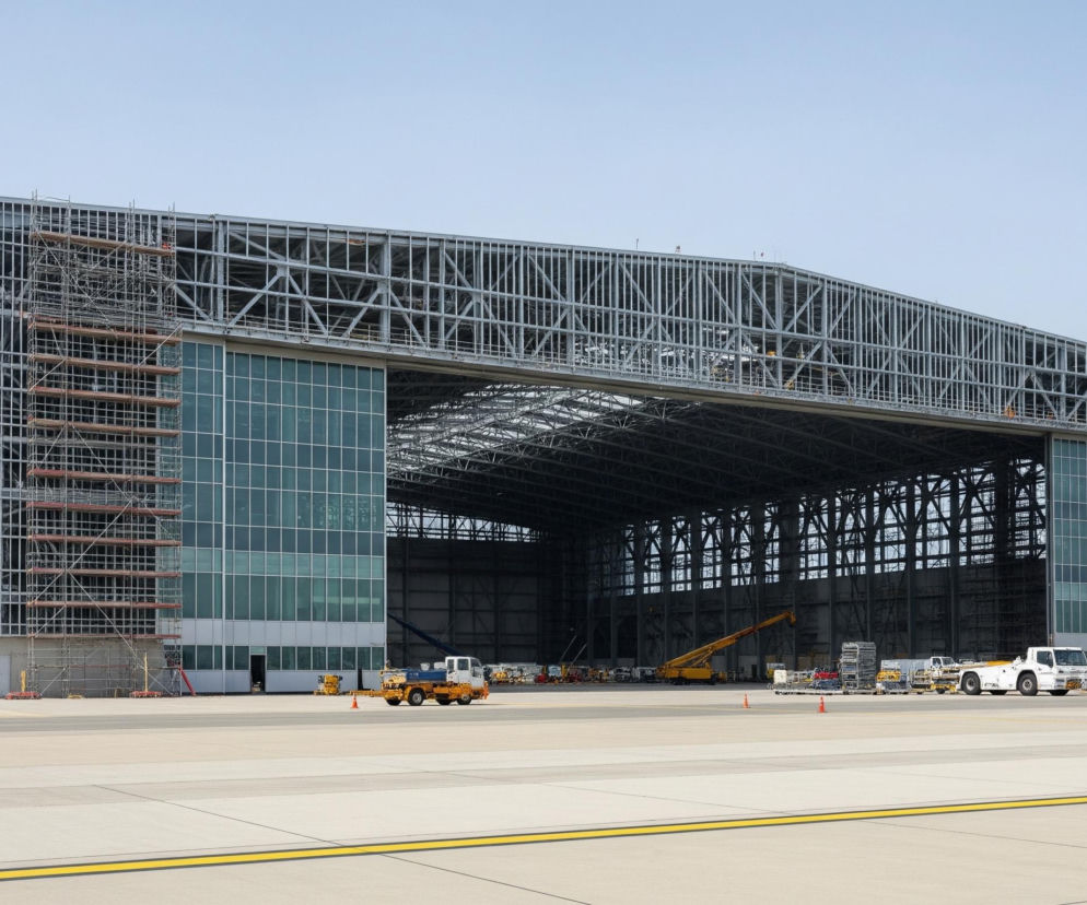Przedstawiona jest duża, częściowo ukończona konstrukcja hangaru lotniczego, z otwartą fasadą frontową ukazującą wewnętrzną stalową kratownicę dachu i daleką ścianę. Konstrukcja posiada ściany z jasnoszarych paneli, a po lewej i prawej stronie otwartej fasady znajdują się segmenty elewacji z zielonkawego szkła. Wzdłuż bocznych ścian oraz w górnej części otwartej fasady widać fragmenty rusztowań budowlanych, złożonych z metalowych rur i drewnianych platform.

Na rozległym, szarym placu przed hangarem, wyznaczonym żółtymi liniami, stoją różne pojazdy i sprzęt lotniskowy, w tym żółto-niebieski pojazd holowniczy oraz dwa biało-żółte pojazdy holownicze. Wewnątrz hangaru, na tle ciemnych elementów konstrukcyjnych, widoczny jest żółty wysięgnik dźwigu oraz inne mniejsze pojazdy i palety z ładunkiem. Tło stanowi jednolite, jasnoniebieskie niebo z delikatnymi białymi smugami w lewym górnym rogu.