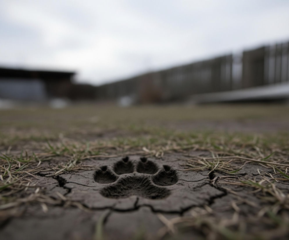 W centrum kadru znajduje się wyraźny odcisk łapy zwierzęcia w wyschniętej, spękanej ziemi. Dookoła niego rosną pojedyncze źdźbła suchej, pożółkłej trawy z nielicznymi zielonymi akcentami. Tło, rozmyte, ukazuje zarysy ogrodzenia i odległych budynków pod jasnym, zachmurzonym niebem.