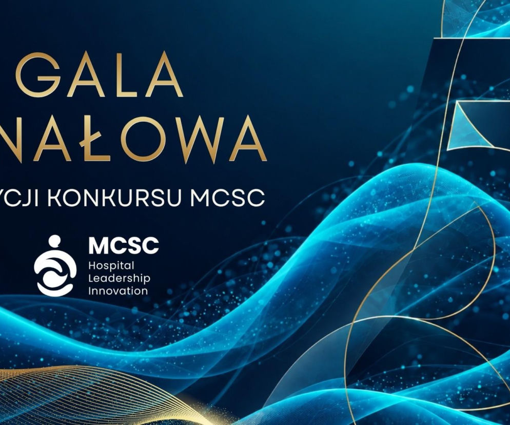 Plakat Gali Finałowej 5. edycji konkursu MCSC z dużą cyfrą 5. O finale technologii dla szpitali czytaj na PZ.