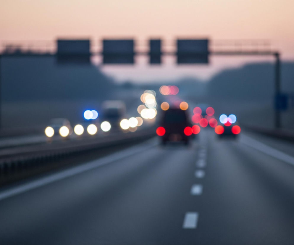 Rozmazana autostrada biegnie prosto w głąb obrazu, podzielona przerywaną białą linią na dwa pasy. Po obu stronach drogi widoczne są bariery ochronne, a dalej, w oddali, zamglone zarysy drzew i pagórków, tworzące ciemnoszarą sylwetkę. Na drodze znajduje się kilka samochodów, ich światła przednie są jasnymi, okrągłymi punktami w kolorze białym lub żółtym, a tylne – czerwonymi; jeden z pojazdów ma wyraźne, niebieskie światła awaryjne. Cała scena jest rozmyta, co tworzy efekt bokeh, a niebo w tle ma delikatny, pastelowy odcień różu i pomarańczu, sugerujący zmierzch lub świt.