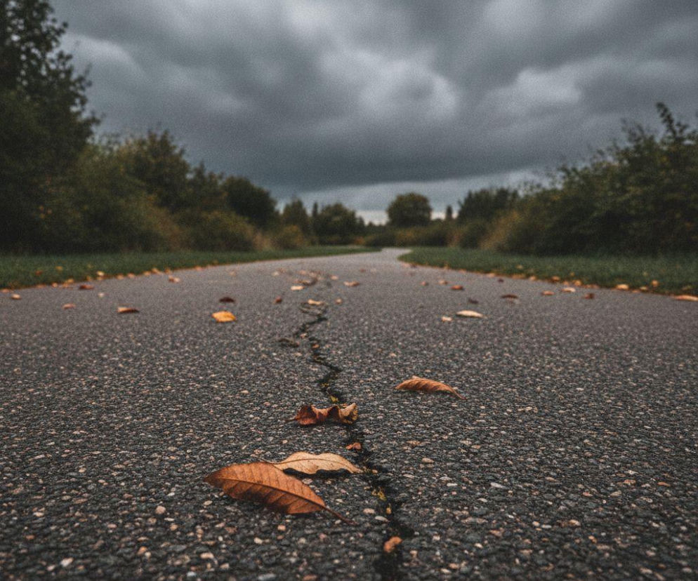 Spękana asfaltowa ścieżka z liśćmi pod pochmurnym niebem. O zmianie pogody w Gorzowie przeczytasz na SE.