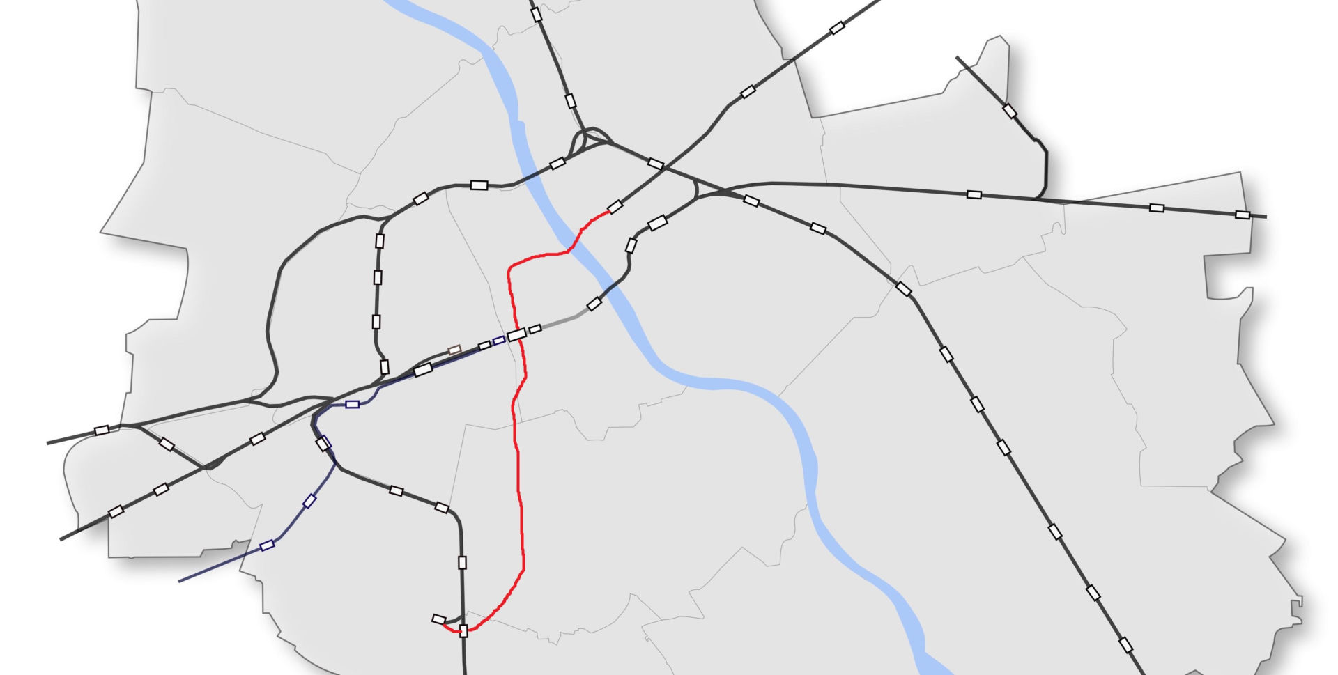 Przybliżona trasa nowej linii średnicowej w Warszawie - wariant 2