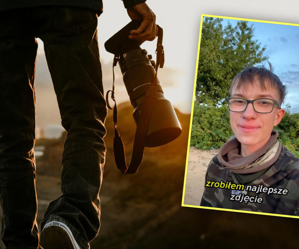 Fotograf z aparatem idzie o zachodzie słońca. Na miniaturze 15-letni Kajetan. O pasji chłopca czytaj w Eska Poznań.