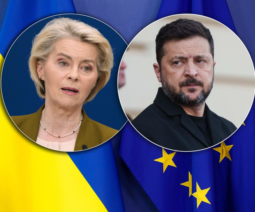 Portrety Ursuli von der Leyen i Wołodymyra Zełenskiego na tle flag Unii Europejskiej i Ukrainy. Obraz symbolizuje dyskusję o przyszłym członkostwie Ukrainy w UE, o czym więcej przeczytasz na Super Biznes.