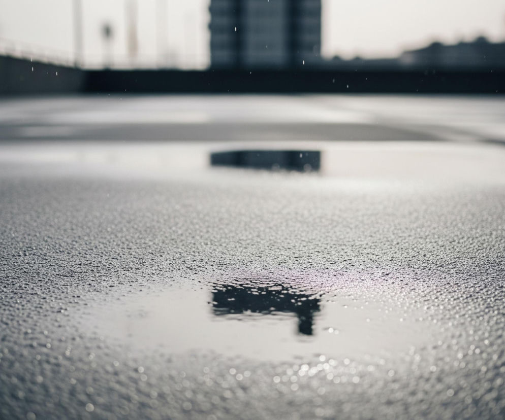 Powierzchnia pokryta jest drobnymi kroplami deszczu i kałużami, z której odbija się rozmyty kształt budynku. Większe krople deszczu są widoczne w powietrzu na drugim planie, gdzie zarys budynku jest ciemny i rozmyty na tle jasnego nieba. Całość utrzymana jest w chłodnej, szaro-białej tonacji.