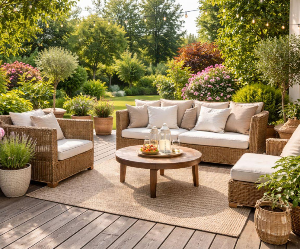 Stylowy taras z zestawem mebli ogrodowych z technorattanu i beżowymi poduszkami, otoczony bujną zielenią krzewów i drzew. Wygodne fotele i sofa idealne do odpoczynku, o czym przeczytasz więcej na Super Biznes.