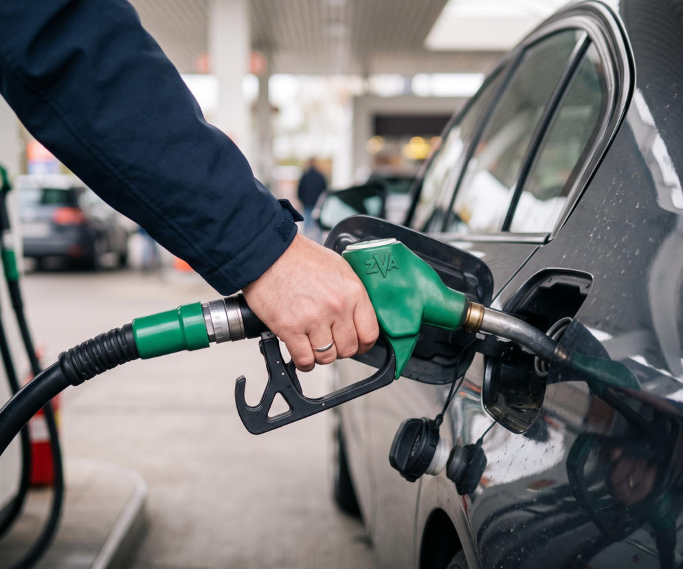 Dłoń osoby wkładającej zielony pistolet paliwowy do baku auta. O spadkach cen w Aramco i Orlen czytaj w SE Superbiz.