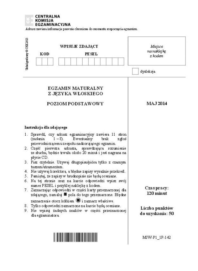 Matura 2014 Język Włoski poziom podstawowy