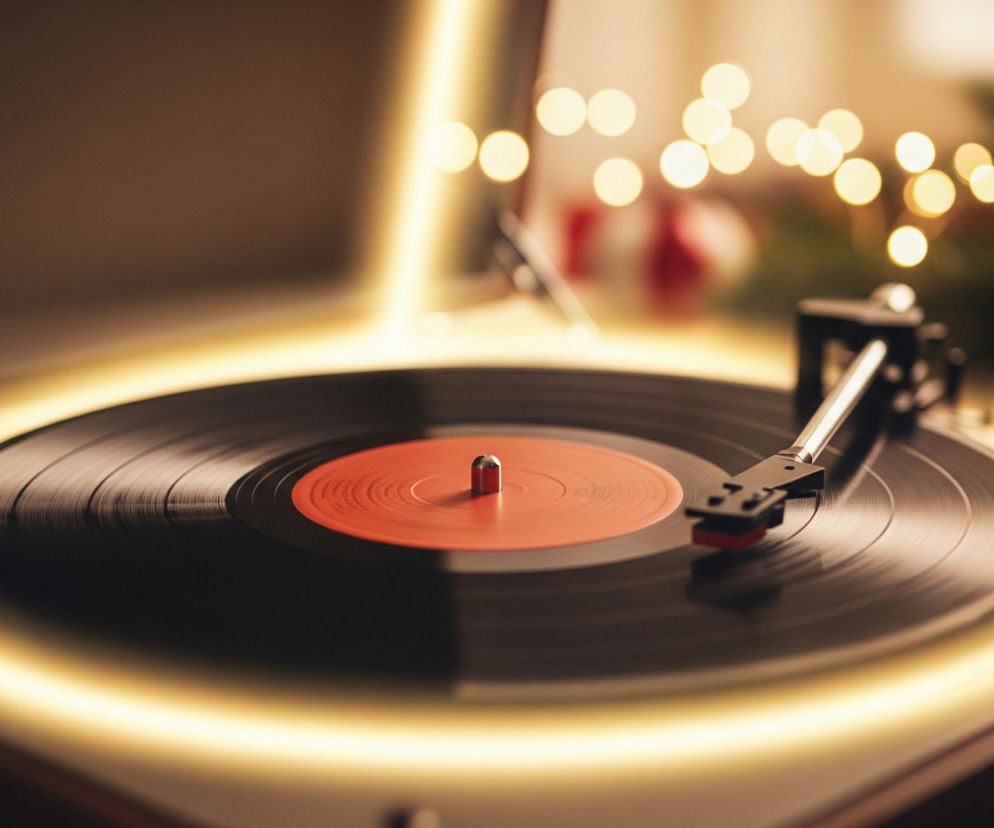 Gramofon z czarną płytą winylową zajmuje centralną część kadru, otoczony aureolą ciepłego, żółtego światła, które podkreśla jego obrys. Na płycie widoczna jest czerwona etykieta z metalowym trzpieniem pośrodku oraz ramię z igłą po prawej stronie, gotowe do odtwarzania. Tło jest rozmyte, z widocznymi jasnymi, okrągłymi punktami świetlnymi oraz zarysem zielonych gałązek po prawej stronie. Ogólna atmosfera jest ciepła i przytulna, zdominowana przez brązowe i złote odcienie.