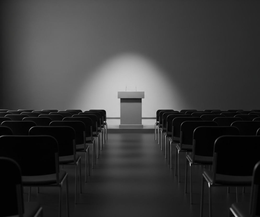 Centralnie na obrazie znajduje się szara mównica, oświetlona silnym, białym światłem z góry, tworzącym okrągły refleks na ścianie za nią. Przed mównicą rozłożone są rzędy ciemnych krzeseł, ustawionych symetrycznie po obu stronach centralnego przejścia, z rzędami rozciągającymi się w stronę widza. Po lewej stronie widać duże okno z białymi zasłonami, przez które wpada jasne, rozproszone światło, a po prawej, na końcu pomieszczenia, widoczne są ciemne drzwi. Całe pomieszczenie utrzymane jest w monochromatycznej palecie szarości i czerni, z wyraźnymi kontrastami światła i cienia.