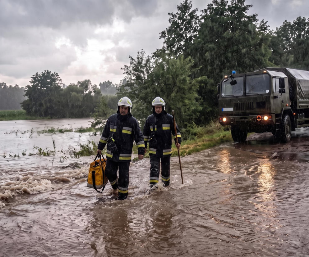 Dwaj strażacy idą przez zalaną drogę obok ciężarówki WOT. O skutkach nawałnic w Polsce przeczytasz w serwisie Eska.