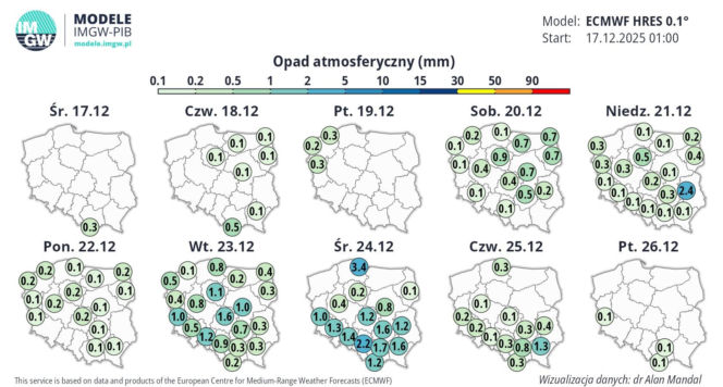 Pogoda IMGW na 24, 25 i 26 grudnia - opady