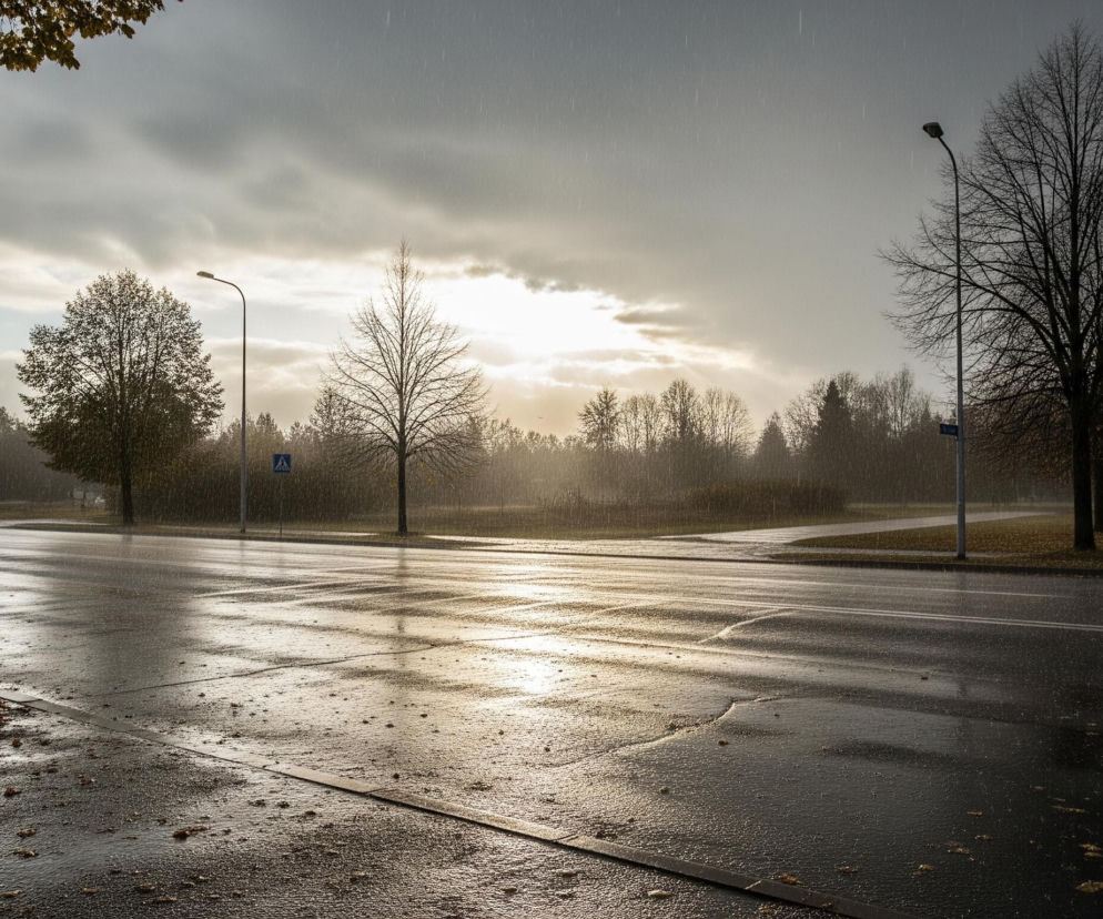 Mokry, asfaltowy plac rozciąga się przez środek kadru, odbijając żółto-białe smugi światła słonecznego padającego zza horyzontu. Widoczne są opadające krople deszczu oraz pojedyncze, żółtawe liście rozsypane na czarnej nawierzchni. Na pierwszym planie, w lewym górnym rogu, zwisają gałęzie drzewa z zielono-żółtymi liśćmi, natomiast w tle widać ciemne sylwetki bezlistnych drzew i kilka latarni ulicznych pod pochmurnym, szarym niebem z prześwitami słońca.
