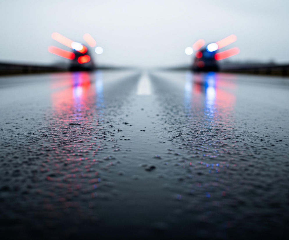 Na pierwszym planie widoczna jest mokra nawierzchnia drogi, pokryta licznymi kroplami wody, z wyraźnym rozmyciem perspektywy w głąb. W oddali, na horyzoncie, znajdują się dwa niewyraźne pojazdy z włączonymi światłami awaryjnymi, emitującymi rozmyte czerwone i niebieskie światło. Światła te odbijają się w kałużach na mokrej drodze, tworząc smugi świetlne. Droga jest otoczona metalowymi barierkami po obu stronach, które również stają się niewyraźne w oddali, a cała scena skąpana jest w szarym, zamglonym świetle.