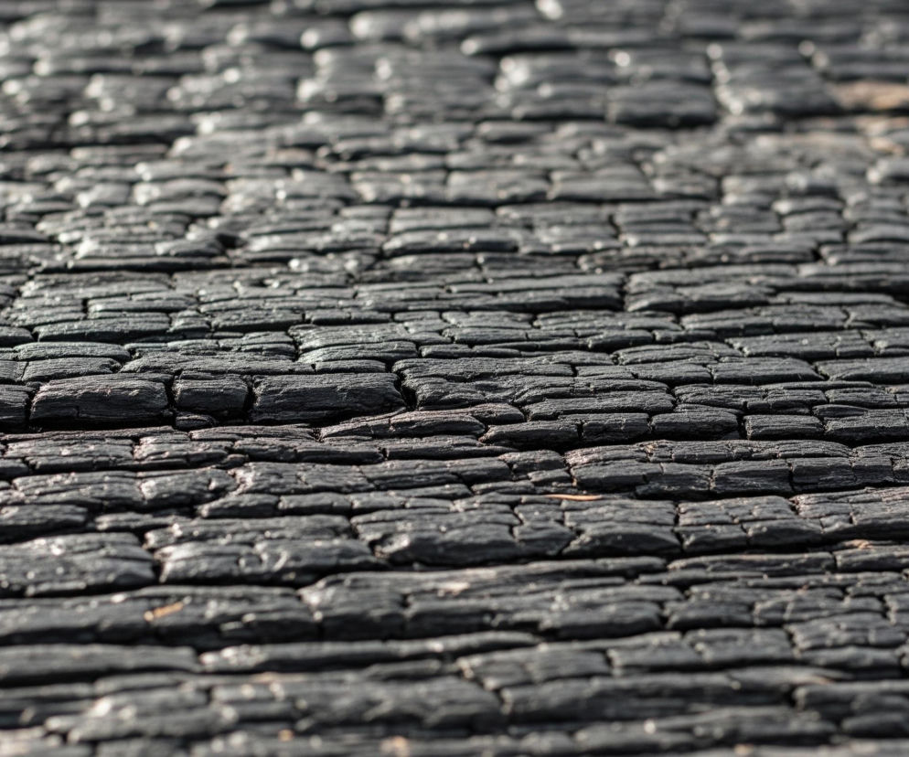 Cały obraz wypełnia tekstura spalonego drewna, ułożona w nieregularne, spękane fragmenty w odcieniach czerni i ciemnego szarego. Fragmenty te, przypominające warstwy, mają widoczne słoje i pęknięcia. Przedni plan jest ostry, a tekstura rozciąga się w głąb obrazu, stając się stopniowo bardziej rozmyta. Na powierzchni widoczne są drobne jasne refleksy światła.