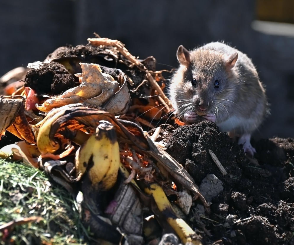 Szczur żerujący na pryzmie kompostu z resztkami bananów i liści, symbolizujący zagrożenie hantawirusem przenoszonym przez gryzonie. Dowiedz się więcej o tej groźnej chorobie na portalu Poradnik Zdrowie.