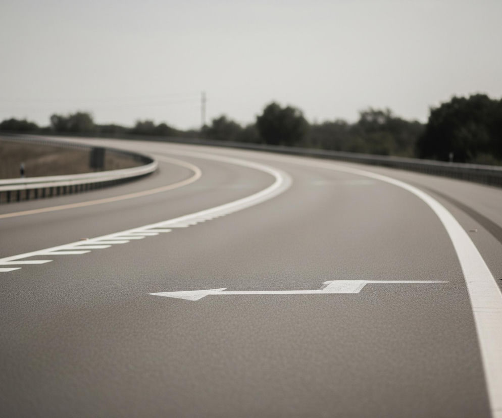 Szeroka, ciemnoszara nawierzchnia drogi z widoczną fakturą zajmuje większość kadru. Na jej powierzchni znajduje się duża, biała, złożona strzałka skierowana w lewo, z dalszą częścią wskazującą prosto, obok przerywanej, białej linii. Droga delikatnie zakręca w prawo, a po obu jej stronach biegną białe pasy krawędziowe oraz metalowe barierki ochronne. W tle, po lewej stronie, widać szereg drewnianych słupów energetycznych z przewodami, a za nimi i po prawej stronie drogi rozciągają się ciemne kępy drzew i krzewów pod jasnym, jednolitym niebem.