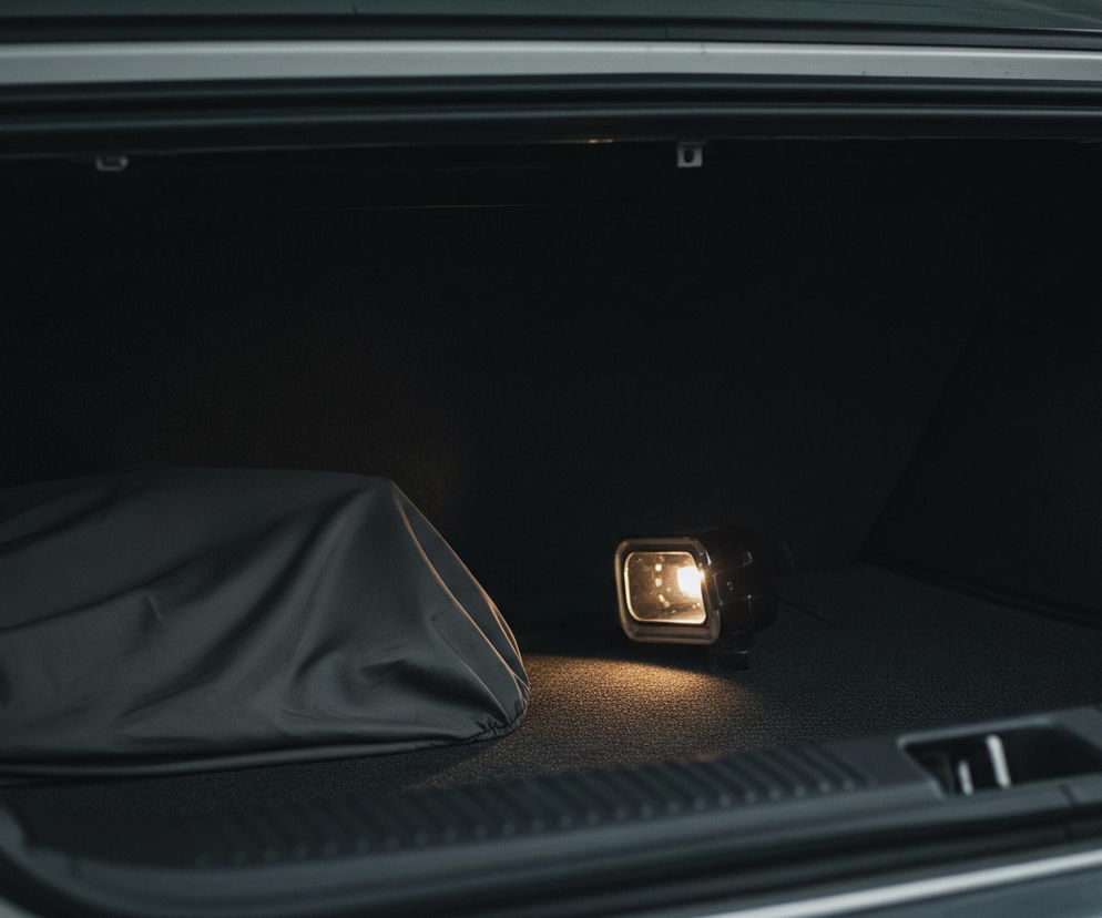 Bagażnik samochodu jest otwarty, ukazując jego ciemne wnętrze. Na dnie, po prawej stronie, stoi niewielka, czarna lampa świecąca intensywnym, ciepłym, żółtym światłem, które odbija się na teksturowanej powierzchni podłogi. Obok lampy, po lewej stronie, leży przedmiot pokryty gładkim, szarym materiałem, układającym się w miękkie fałdy. Górna część bagażnika to białe elementy konstrukcyjne i ciemne uszczelki.