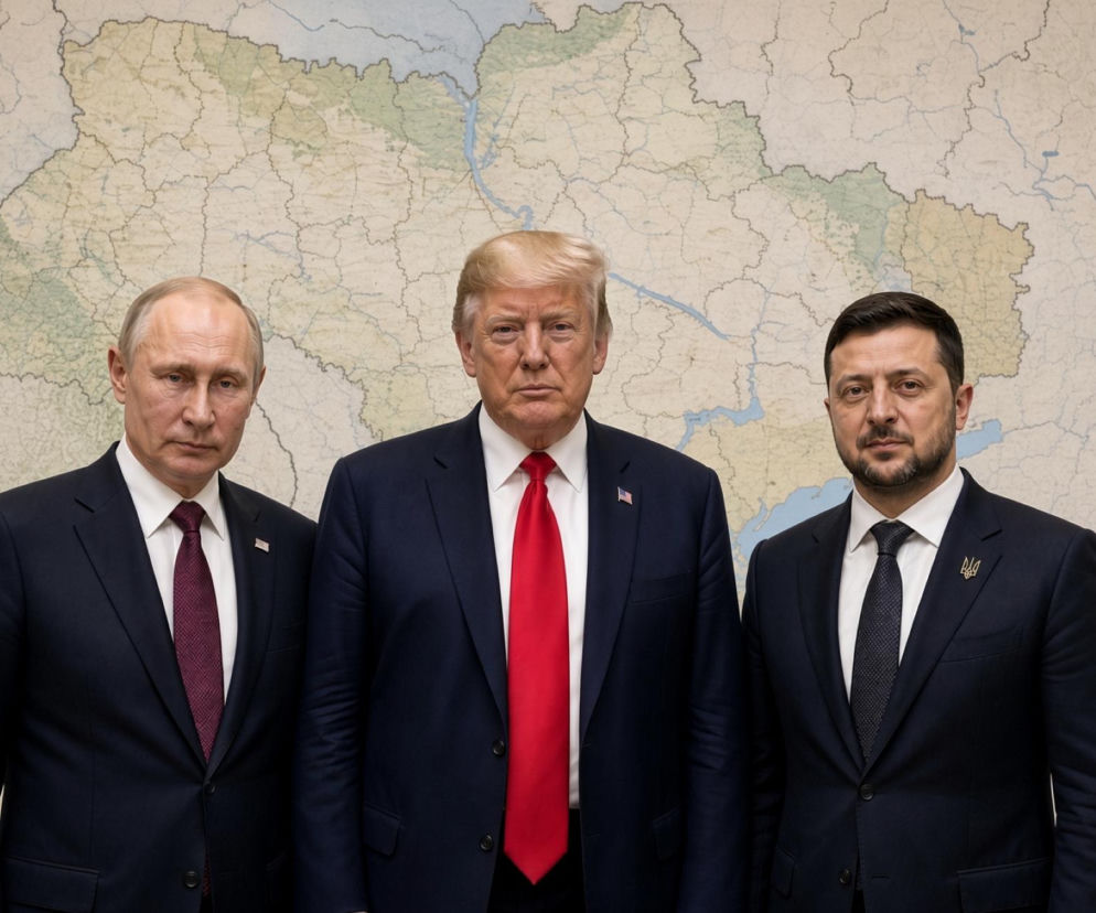 Władimir Putin, Donald Trump i Wołodymyr Zełenski stoją obok siebie na tle mapy Ukrainy. O negocjacjach pisze SE Portal Obronny.