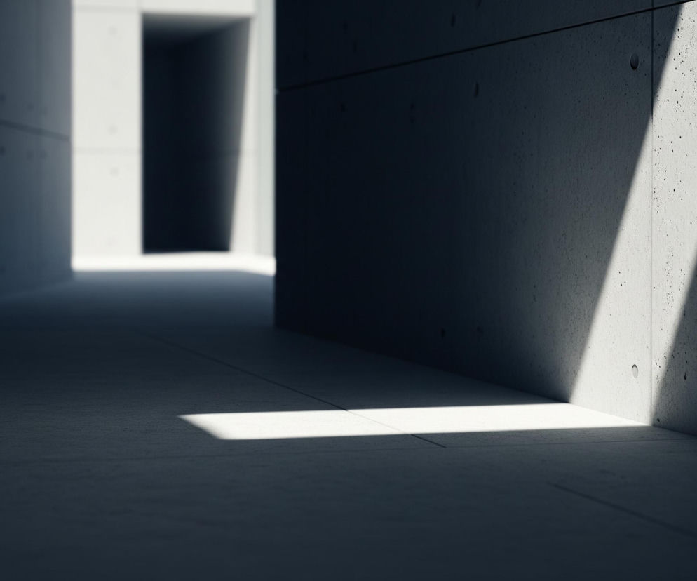 Wydłużony korytarz lub przejście, zbudowane z betonu, jest słabo oświetlone, ukazując dramatyczne kontrasty światła i cienia. Światło słoneczne pada z prawej strony, tworząc długie, ukośne pasy na szarych ścianach i podłodze, podczas gdy reszta przestrzeni pozostaje w głębokim cieniu. W tle widoczne jest dalsze, jaśniejsze otwarcie, sugerujące kontynuację korytarza lub wyjście. Betonowe ściany mają widoczną teksturę z licznymi drobnymi plamkami i okrągłymi wcięciami, przypominającymi otwory po szalunkach.