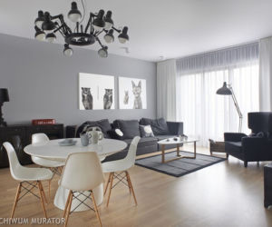 Szary salon z designerskim oświetleniem