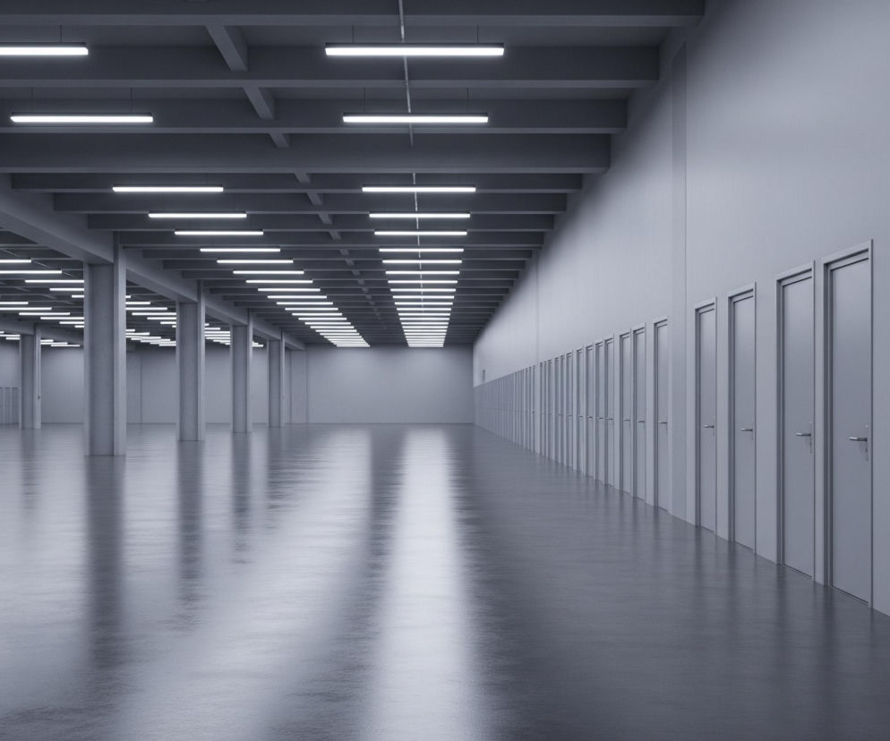 Duża, pusta hala z szarymi ścianami i betonową podłogą, odbijającą światło z prostokątnych, długich lamp zamocowanych na suficie. Wzdłuż prawej ściany ciągnie się rząd identycznych szarych drzwi z prostymi, metalowymi klamkami. Po lewej stronie widoczne są betonowe filary, a za nimi, w oddali, kolejny rząd podobnych drzwi.