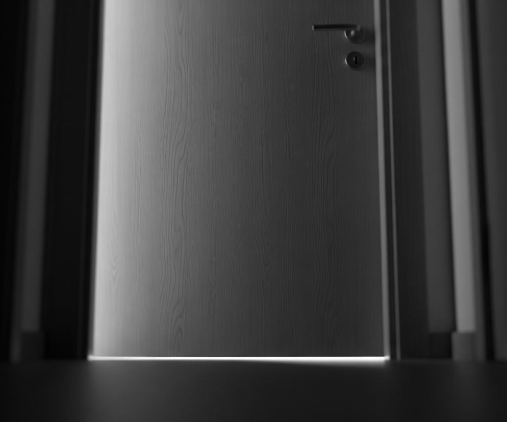Centralnie na zdjęciu widoczne są lekko uchylone, szare drzwi z widoczną fakturą drewna, posiadające metalową klamkę i zamek. Przez szczelinę na dole i z lewej strony drzwi przedostaje się jasne światło, tworząc kontrast z ciemnym otoczeniem. Podłoga i ściany wokół drzwi są ciemne, a elementy w tle pozostają zamazane i niewyraźne.