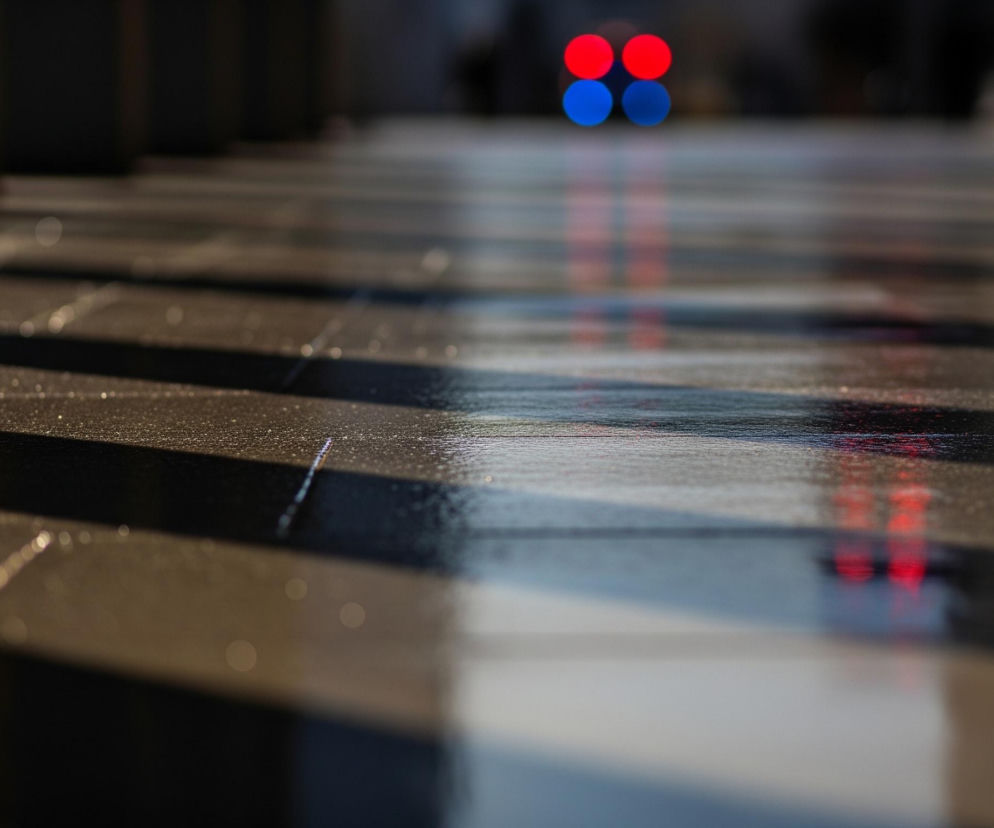 Błyszcząca, ciemna posadzka rozciąga się od pierwszego planu, odbijając smugami światło słoneczne oraz rozmyte, kolorowe punkty w tle. Na pierwszym planie widoczne są drobne kropelki wody lub cząsteczki odbijające światło, tworzące efekt bokeh. W tle, cztery rozmyte punkty światła – dwa czerwone na górze i dwa niebieskie na dole – odbijają się w posadzce, tworząc pionowe, rozmazane refleksy. Całość ujęta jest z niskiej perspektywy, podkreślając linię posadzki i jej odblaski.