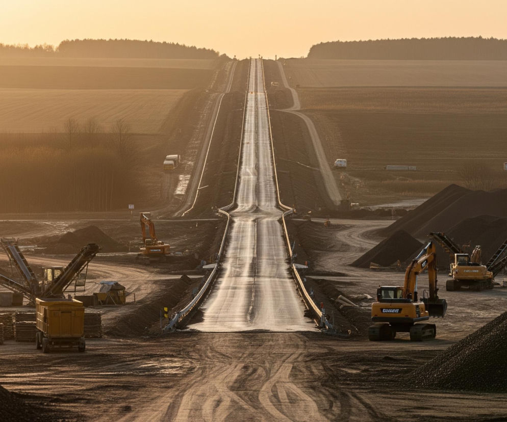 Centralny element obrazu to długa, prosta droga biegnąca w oddali, z lśniącą, być może mokrą, nawierzchnią, która odbija światło zachodzącego słońca, tworząc jasny pas pośrodku. Po obu stronach drogi znajdują się place budowy z licznymi hałdami ciemnego żwiru lub ziemi oraz pomarańczowe koparki i inne maszyny budowlane. W tle rozciągają się pola uprawne i odległe pasy lasów, wszystko skąpane w ciepłym, pomarańczowo-złotym świetle, które tworzy mglistą, niemal monochromatyczną atmosferę.