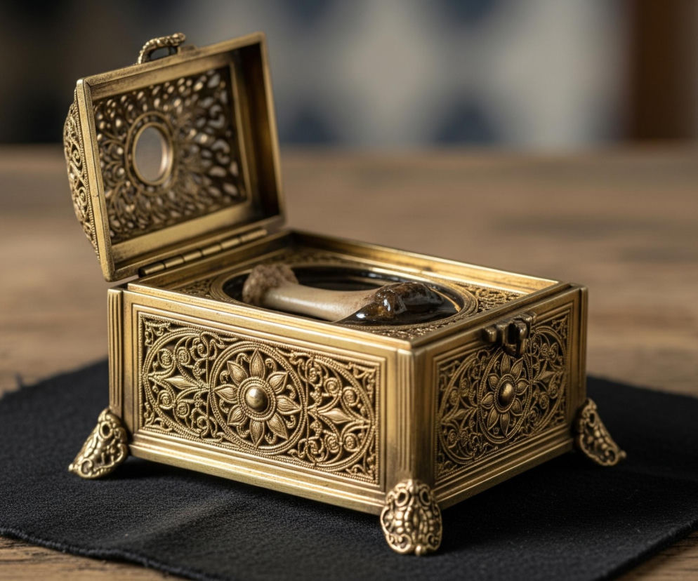 Na obrazie widoczne jest otwarte, ozdobne pudełko w kolorze postarzanego złota, stojące na czarnej tkaninie leżącej na drewnianym stole. Pudełko jest bogato zdobione motywami roślinnymi i geometrycznymi, z centralnymi wzorami kwiatowymi na ściankach bocznych. Wewnątrz pudełka, częściowo zakryte, znajduje się podłużny, jasny obiekt, częściowo pokryty ciemniejszą, błyszczącą substancją. Wieko pudełka jest uniesione i odchylone do tyłu, a jego wewnętrzna strona posiada ażurowe zdobienia oraz owalne lusterko.