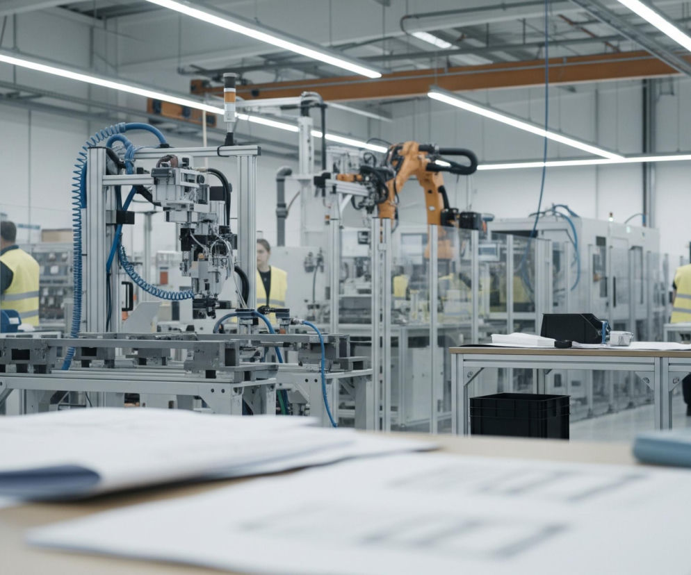 Na pierwszym planie, zamazana powierzchnia beżowego stołu, częściowo pokryta białymi arkuszami papieru, z lewej strony widocznym fragmentem czarnego pojemnika, a po prawej rozmazanym niebieskim przedmiotem. Dalej w głąb obrazu, w jasnym, nowoczesnym zakładzie produkcyjnym, stoją liczne maszyny i stanowiska pracy. Trzy osoby w odblaskowych żółtych kamizelkach pracują przy robotach przemysłowych w kolorze pomarańczowym i szarych konstrukcjach maszyn, z wyraźnie widocznym niebieskim przewodem spiralnym w centrum kadru. Całość oświetlają podłużne lampy LED zamontowane na suficie, a w tle widać dodatkowe regały i linie produkcyjne.