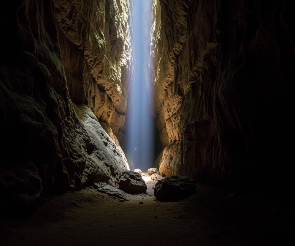Wąski, pionowy promień jasnego, niebieskawego światła przedziera się z góry przez ciemną przestrzeń jaskini, rozświetlając centralną część kadru. Po obu stronach promienia rozciągają się nierówne, skaliste ściany jaskini w odcieniach brązu i szarości, jaśniejsze tam, gdzie dociera światło, a pogrążone w głębokim cieniu na dalszych planach. Na dole, w centrum, leżą ciemne, zaokrąglone kamienie na piaszczystym, ciemnobeżowym podłożu, częściowo oświetlone przez smugę światła.