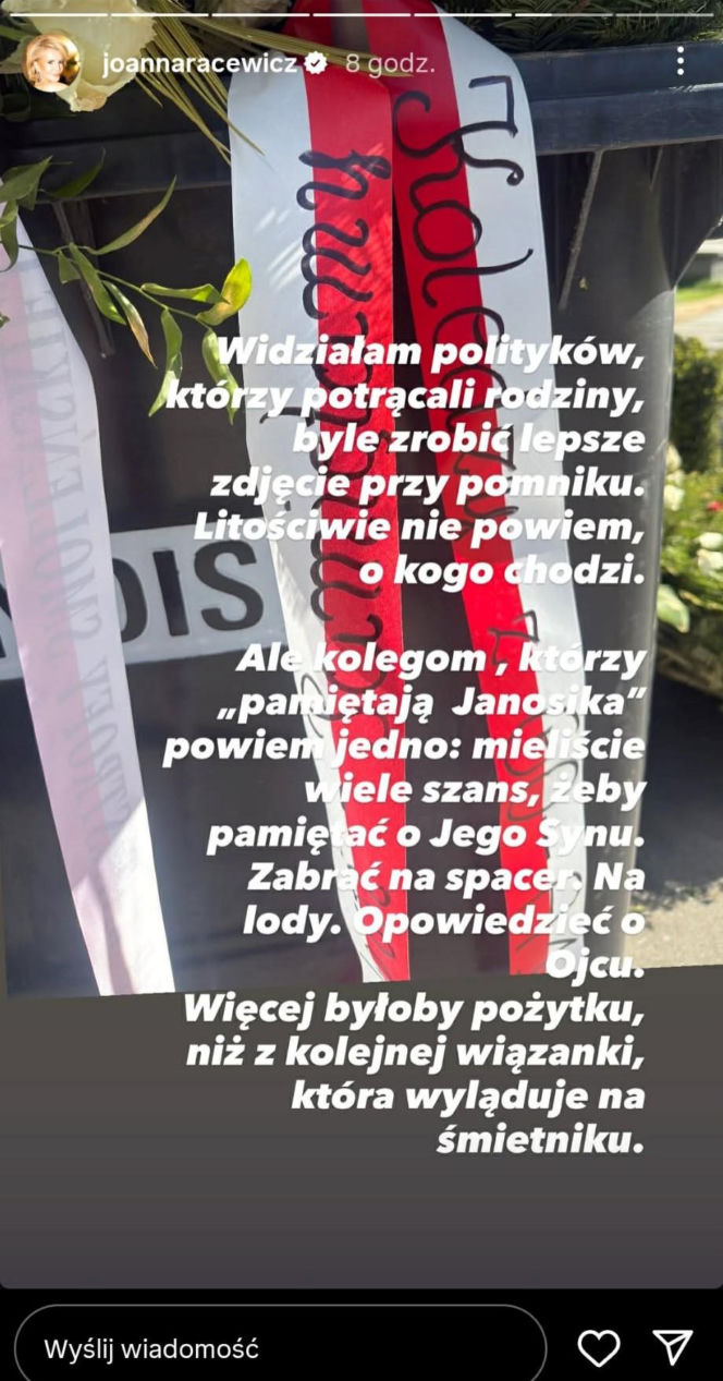 Gorzkie słowa Joanny Racewicz. Pokazała wieńce od Nawrockiego i Tuska na śmietniku