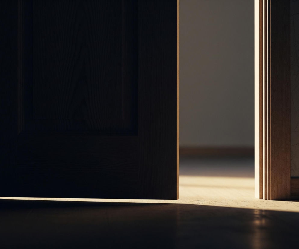 Rozchylone, ciemne drzwi po lewej stronie obrazu prowadzą do jaśniejszego pomieszczenia. Światło, wpadające przez szczelinę między drzwiami a futryną, tworzy jasny pionowy pas po prawej stronie kadru, a także oświetla fragment podłogi w dalszej części kadru. Dolna część obrazu, czyli fragment podłogi znajdujący się bliżej obserwatora, pozostaje w cieniu. Wnętrze pokoju po prawej stronie ma jasnoszare ściany i drewnianą podłogę.