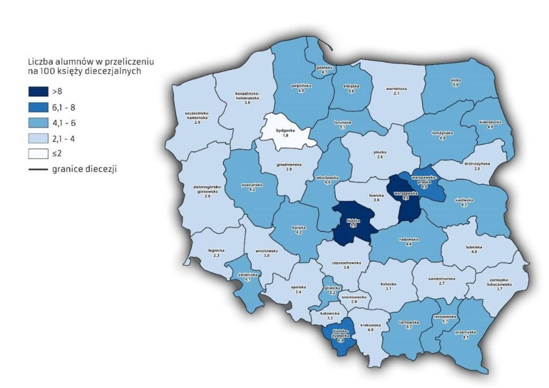 Liczna studentów seminariów duchownych na 100 księży w diecezjach