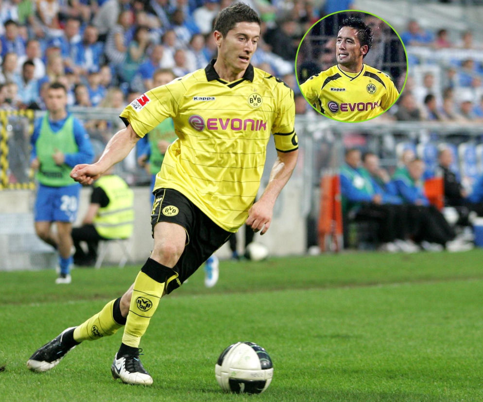 Robert Lewandowski z piłką. Obok miniatura z Lucasem Barriosem. O kłótni piłkarzy przeczytasz na SE Supersport.