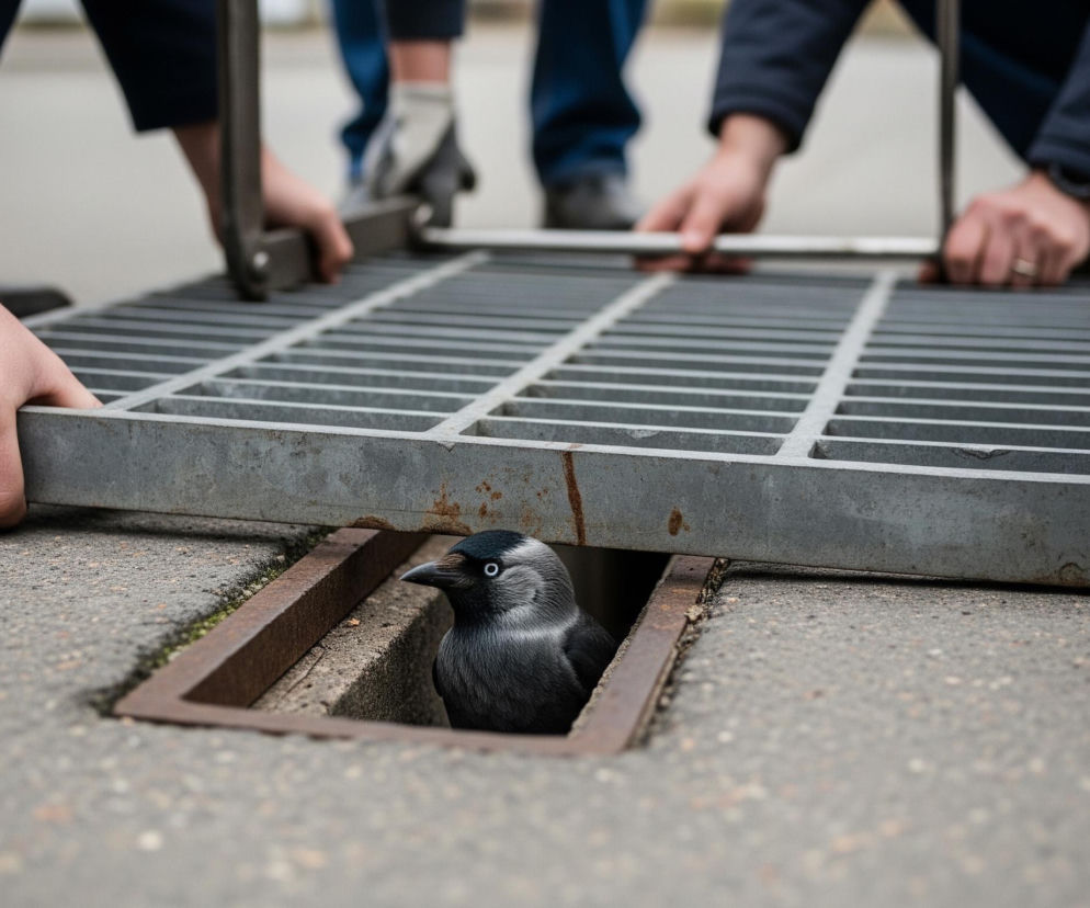 Wrona lub kawka, z szarą szyją i głową oraz czarnym dziobem, wygląda z kwadratowego, ciemnego otworu w chodniku, skupiając wzrok na widzu. Cztery osoby, schylone, zdejmują metalową kratę z tego otworu, ich dłonie trzymają solidne, szare metalowe uchwyty kraty. Dwie osoby w tle noszą dżinsy, a dwie najbliżej kraty ubrane są w granatowe kurtki i ciemne buty robocze. Cała scena rozgrywa się na szarym, ziarnistym asfalcie.
