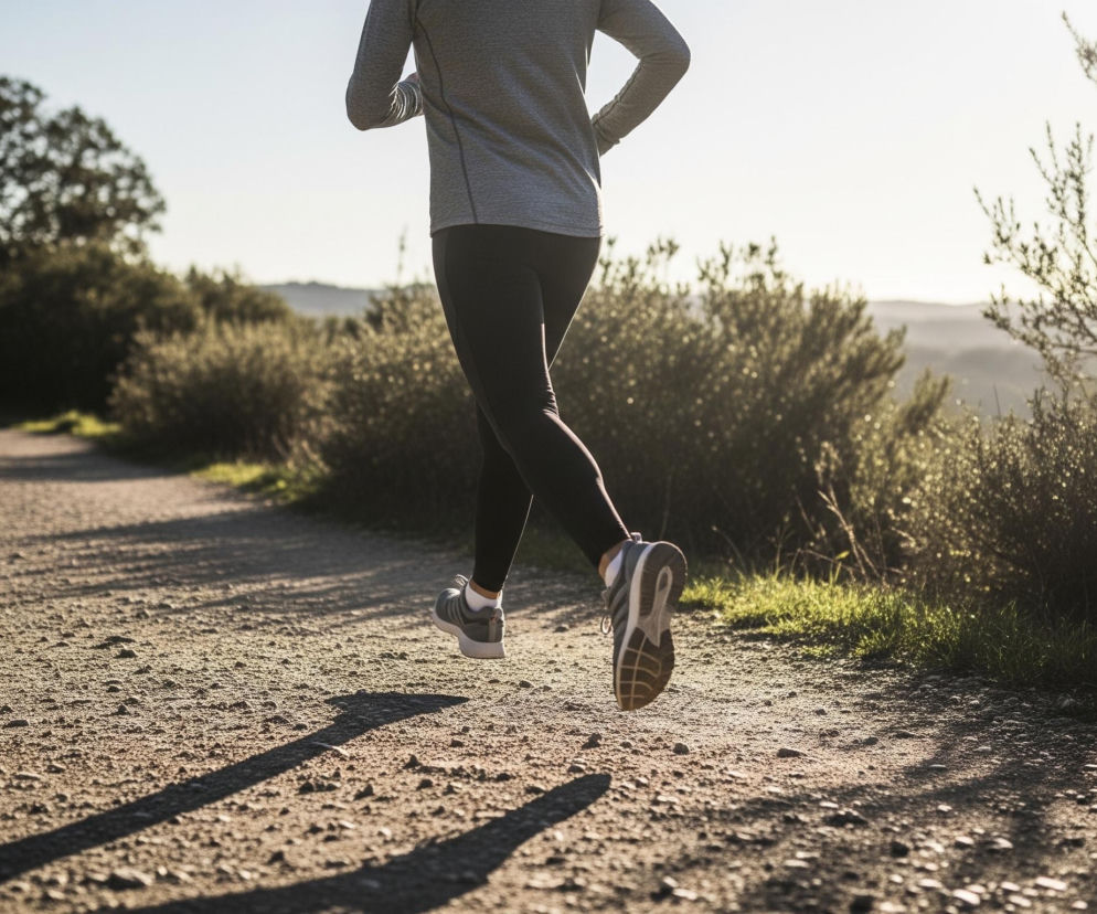 Kobieta biegnie po żwirowej ścieżce, widoczna od tyłu, z prawą stopą uniesioną w powietrzu. Ubrana jest w szarą bluzkę z długim rękawem i czarne legginsy, na nogach ma szare sportowe buty z białą podeszwą. Słońce świeci z prawej strony, tworząc długie cienie na ziemi i jasną poświatę w tle, gdzie znajdują się rozmyte krzewy i drzewa.