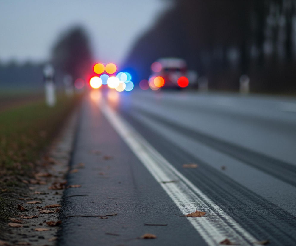 Na zdjęciu widoczna jest mokra, asfaltowa droga biegnąca w oddali, z perspektywy niskiego kąta. Na poboczu po lewej stronie znajduje się trawa i suche liście, a dalej widać rozmyte drzewa oraz szare, pochmurne niebo. Na drodze, w tle, wyróżniają się jaskrawe, rozmyte światła samochodów: czerwone, pomarańczowe i niebieskie, sugerujące obecność pojazdów uprzywilejowanych. Droga ma wyraźne, białe, podwójne linie środkowe, a na asfalcie widoczne są ślady opon oraz pojedyncze, brązowe liście.