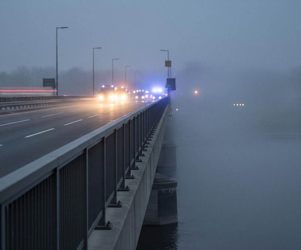 Most z asfaltową nawierzchnią rozciąga się w głąb obrazu, gdzie jego konstrukcja zanika w gęstej, szarej mgle. Po lewej stronie mostu biegnie szary metalowy balustrada, a po prawej widoczny jest metalowy płot. Na dwupasmowej drodze widać białe linie przerywane, a reflektory i niebieskie światła pojazdów tworzą smugi światła na horyzoncie. Po lewej stronie mostu stoją wysokie, czarne latarnie uliczne, a w oddali majaczą sylwetki drzew. Poniżej mostu, po prawej stronie, widać ciemną powierzchnię wody, również częściowo zasłoniętą przez mgłę, z kilkoma rozproszonymi światłami.