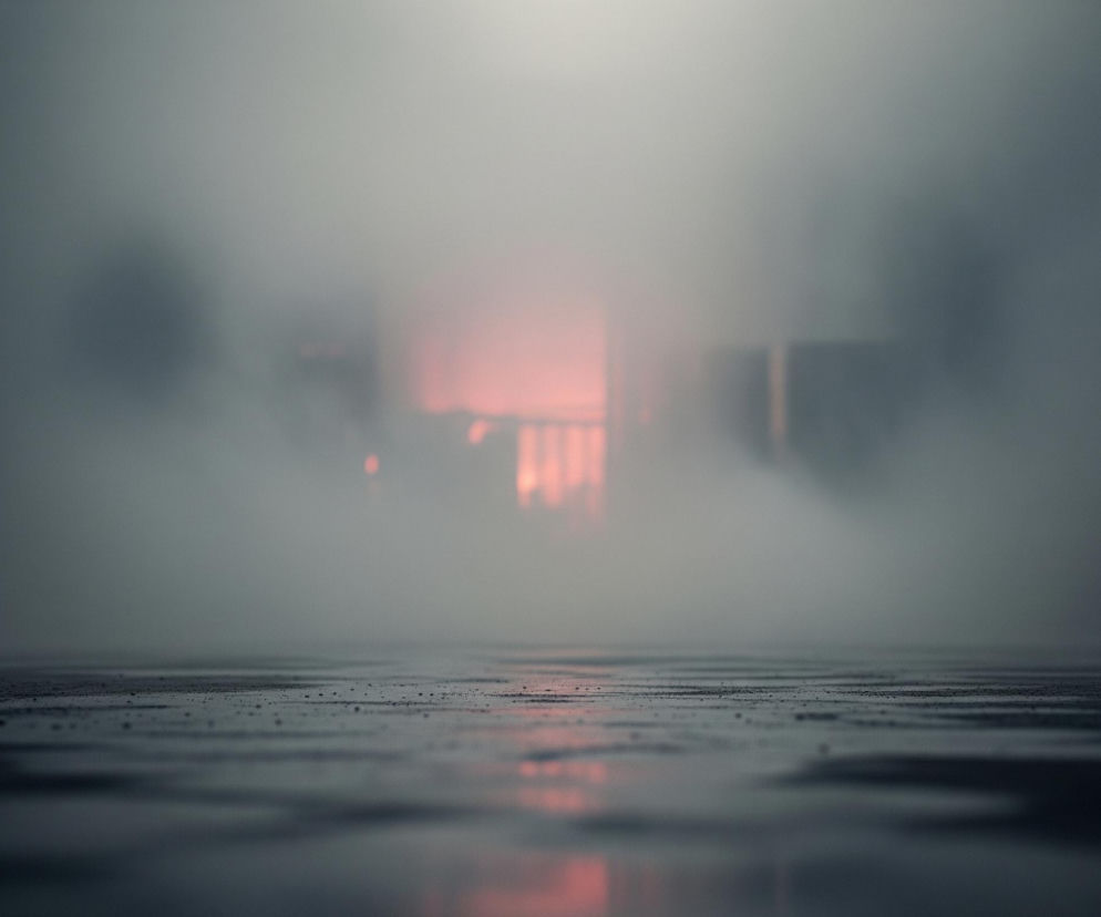 Pochmurny, zamglony krajobraz z ciemnym podłożem przypominającym asfalt lub beton, na którym widoczne są pojedyncze krople wody lub ślady wilgoci oraz odbicia świetlne. Z oddali, w górnej części obrazu, przebija się jaskrawopomarańczowe światło, rozpraszane przez gęstą mgłę, nadając mu subtelny, rozmyty blask. Całość utrzymana jest w chłodnych, szaro-niebieskich barwach, z wyjątkiem pomarańczowej poświaty.