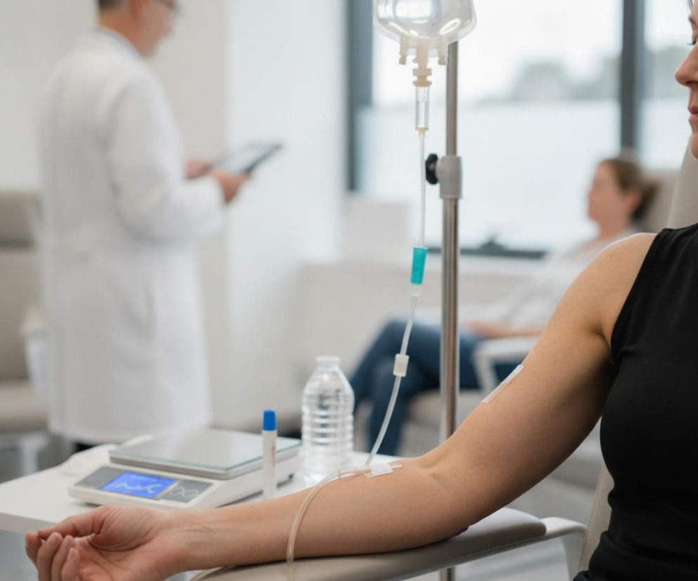 Kobieta podczas wlewu dożylnego, w tle niewyraźny lekarz z tabletem i inna pacjentka. Obraz symbolizuje badania kliniczne nad nowymi lekami, takimi jak apitegromab, który ma chronić mięśnie podczas kuracji odchudzających, o czym więcej przeczytasz na Poradnik Zdrowie.