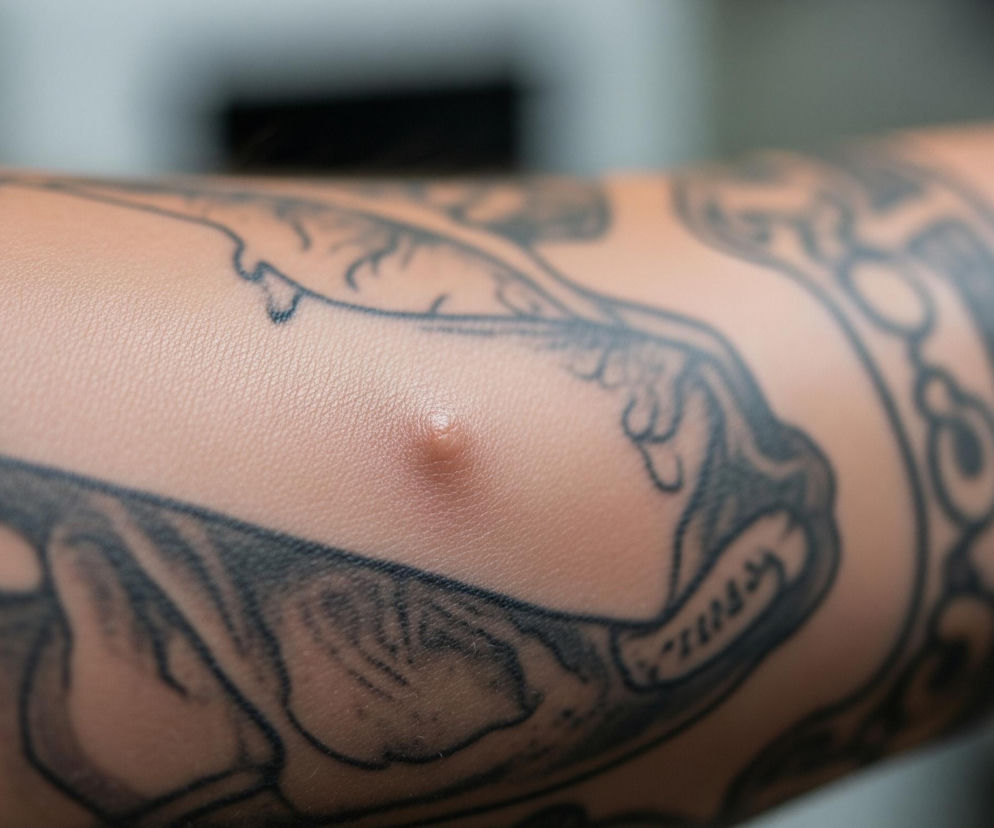 Na jasnej skórze ramienia z widoczną teksturą i pociągnięciami pędzla, znajduje się wypukły, cielisty pryszcz z zaczerwienioną aureolą, umiejscowiony centralnie. Wokół pryszcza i na większości kadru widoczne są czarne, ornamentacyjne tatuaże z zakrzywionymi liniami i wzorami, rozciągające się od lewej do prawej krawędzi obrazu. Tło jest rozmyte, z niewyraźnymi odcieniami szarości i bieli.