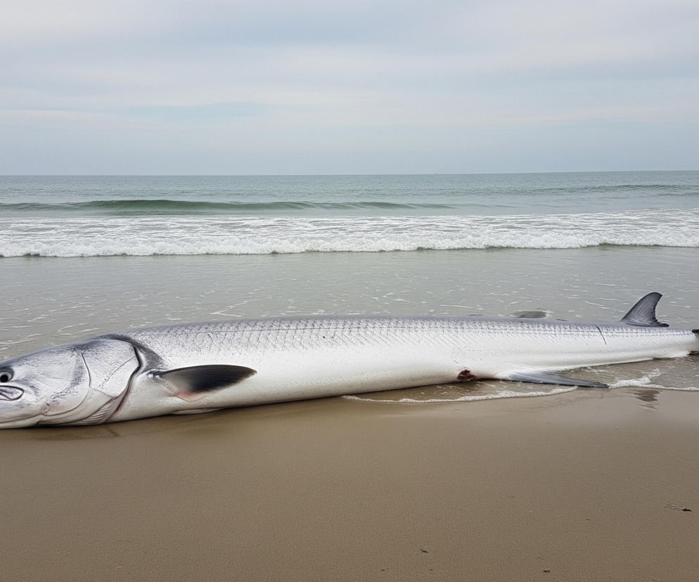 Na piaszczystej plaży leży długi, srebrzysty, martwy samiec tuńczyka, częściowo zanurzony w spienionej wodzie. Jego pysk jest lekko otwarty, a z dolnej szczęki wystaje ciemny, zakrzywiony przedmiot. Płetwy grzbietowe i ogonowe są ciemniejsze niż reszta ciała, a pod jedną z płetw piersiowych widać niewielką ranę. W tle rozciąga się morze z delikatnymi falami, przechodzące w szarobłękitne, zachmurzone niebo.