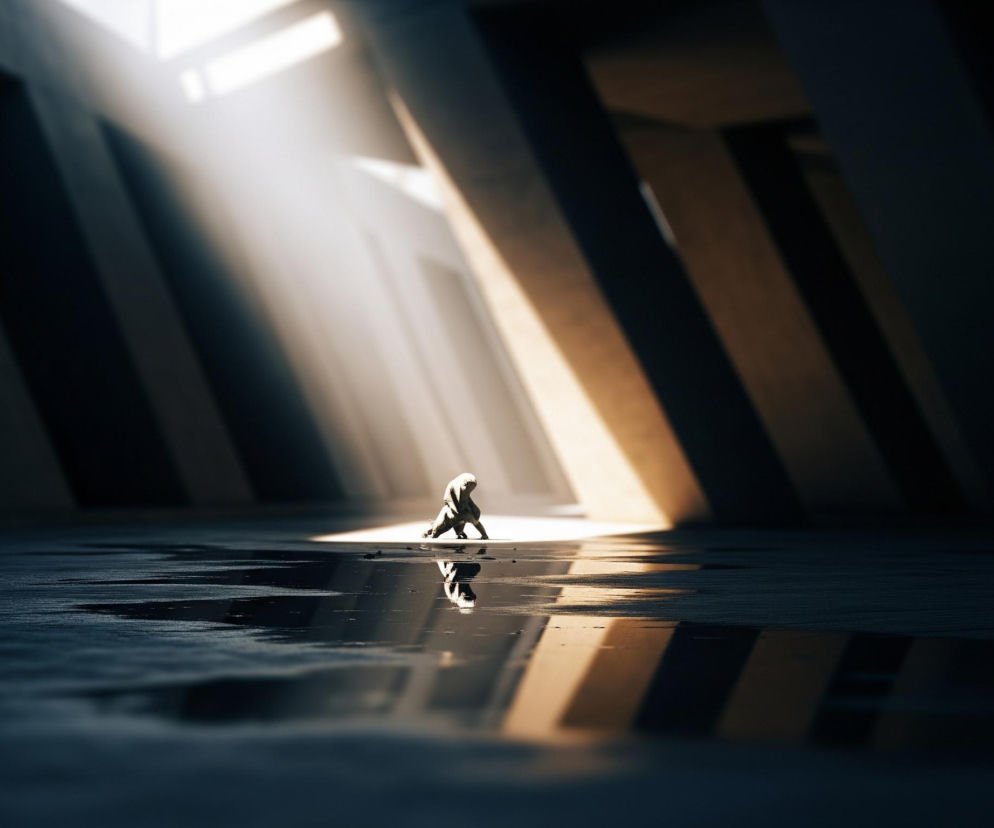 W centrum obrazu znajduje się mała, zgarbiona postać, ubrana w jasne, szare odcienie, poruszająca się po mokrej, ciemnej powierzchni. Postać jest oświetlona silnym, jasnym snopem światła, padającym z góry po lewej stronie kadru, który tworzy wyraźne odbicie na mokrej podłodze. Otoczenie stanowią ciemne, betonowe struktury przypominające filary lub belki, ułożone w równoległe rzędy, które znikają w ciemnościach po prawej stronie. Pomimo ogólnego mroku, niektóre elementy architektoniczne są częściowo rozświetlone przez to samo światło.