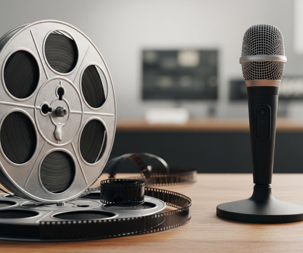 Na drewnianym blacie znajduje się duża, srebrna szpula z czarną taśmą filmową, ustawiona pionowo, a pod nią leży podobna, pusta szpula. Obok nich, luźno rozciągnięta jest czarna taśma filmowa, tworząca spiralę, z małą, zwiniętą rolką taśmy w centralnej części dolnej szpuli. Po prawej stronie blatu stoi czarny mikrofon studyjny z metalową, siatkową główką i srebrnym pierścieniem. Tło jest rozmyte, ukazując niewyraźne kształty przedmiotów i pomieszczenia w jasnych i ciemnych odcieniach szarości.