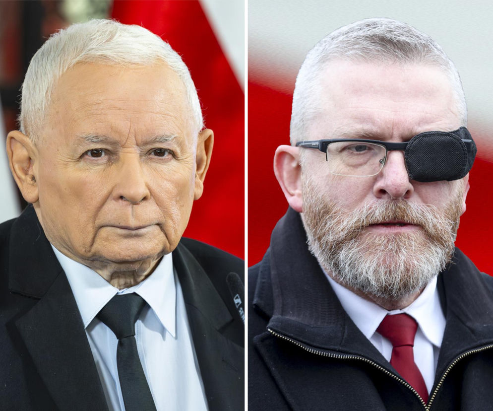 Zestawienie portretów Jarosława Kaczyńskiego, prezesa PiS, i Grzegorza Brauna z Konfederacji. Obaj politycy patrzą wprost. Obok jest flaga Polski, a ich potencjalna koalicja jest tematem artykułu na Super Biznes.