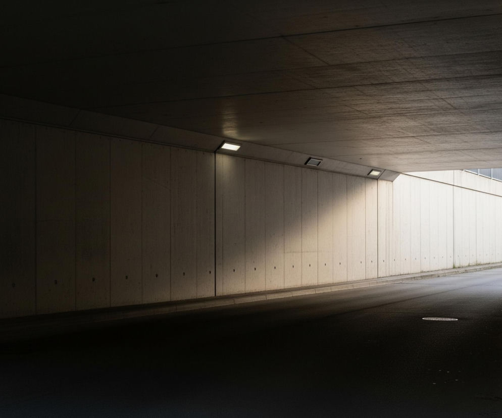 Tunel drogowy z betonowymi ścianami i sufitem. Lewa strona tunelu jest pogrążona w ciemności, podczas gdy prawa strona oświetlona jest naturalnym światłem słonecznym wpadającym z zewnątrz oraz lampami umieszczonymi na górnej części ściany i na suficie. Droga asfaltowa w tunelu jest ciemna i lśni od światła wpadającego z prawej strony, z widocznym okrągłym włazem kanalizacyjnym po prawej. Po prawej stronie w oddali, za tunelem, widać fragment balustrady oraz zieleń drzew.