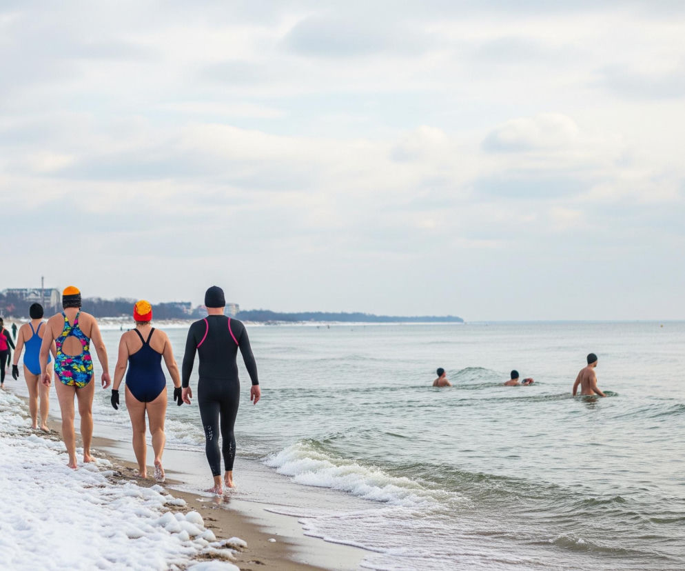 Grupa ludzi, ubranych w stroje kąpielowe i kombinezony termiczne, idzie boso po zaśnieżonej plaży wzdłuż brzegu morza. Kilka osób ma na głowach kolorowe czapki, a jeden z mężczyzn jest w stroju do nurkowania z fluorescencyjnym, żółto-zielonym elementem na plecach. Dalej w tle, w morzu, widać kilka osób zanurzonych po pas lub szyję, a za nimi rozciąga się linia horyzontu z częściowo zachmurzonym niebem.
