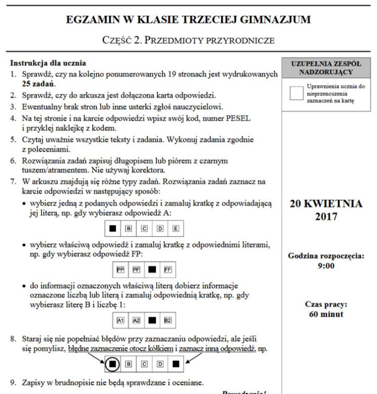 Egzamin gimnazjalny 2017 część przyrodnicza